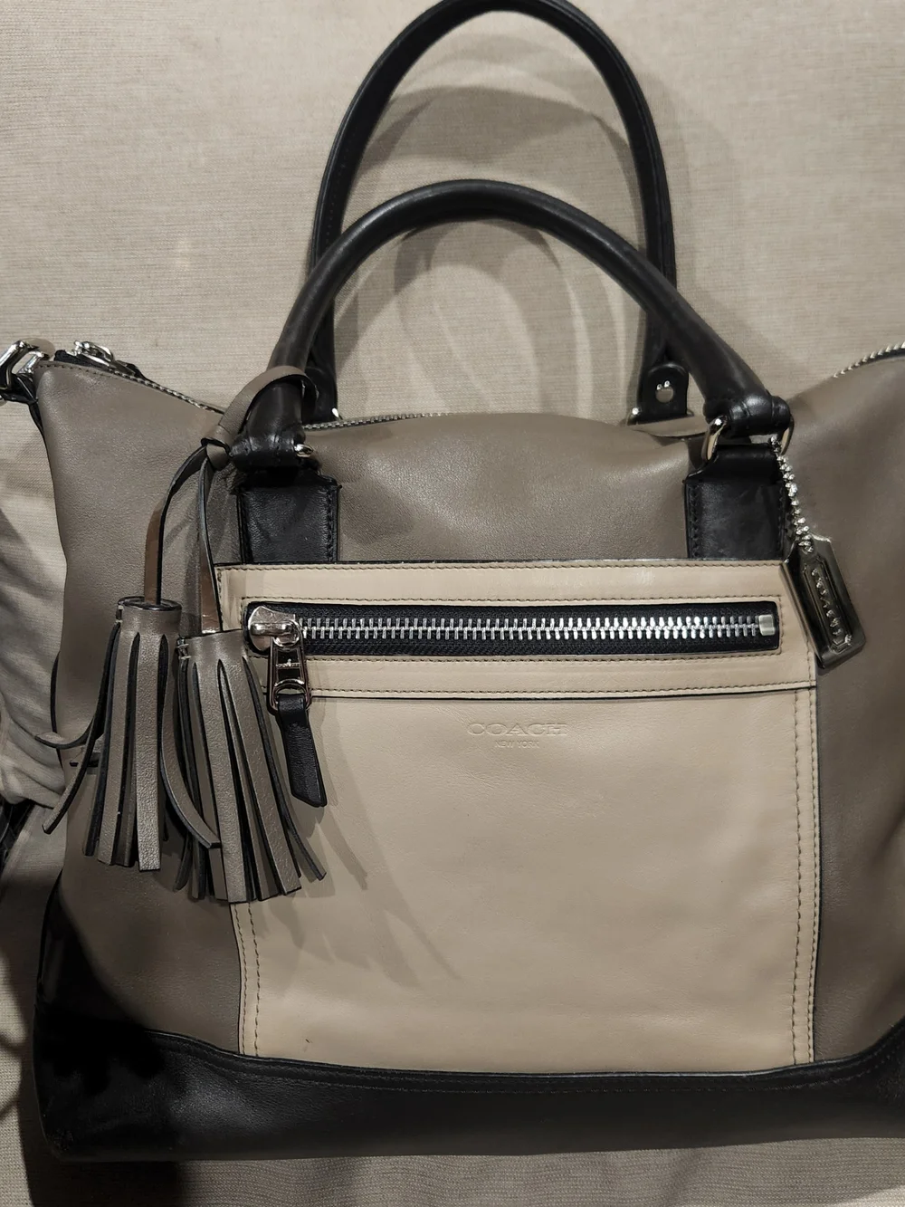 Coach Legacy Colorblock Rory Satchel 19902 Leather Taupe Black Gray Tassel Bag